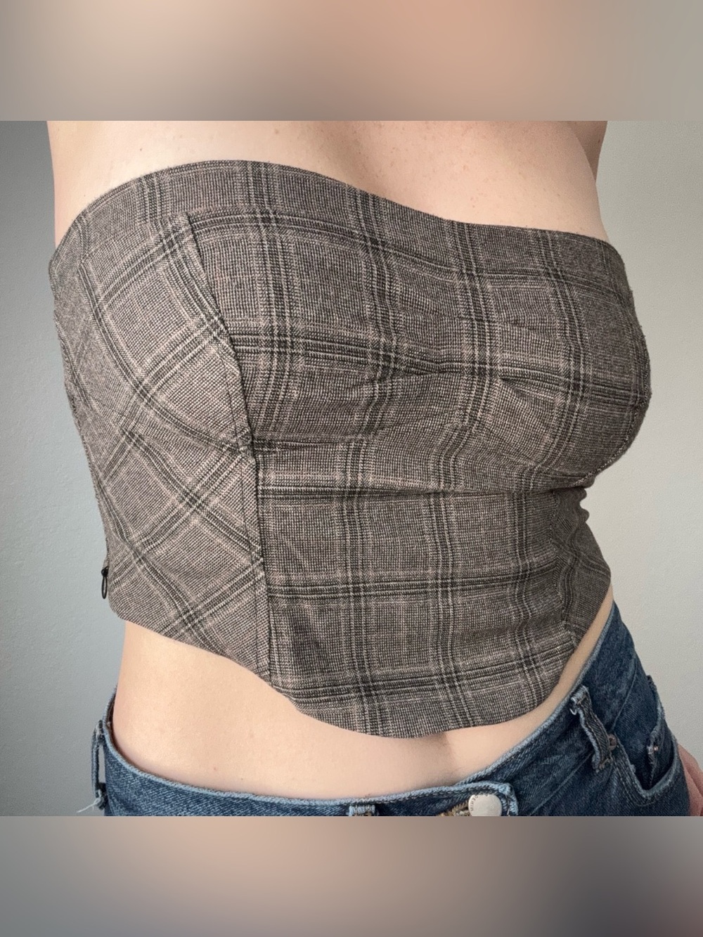 Brown Plaid Strapless Corset Top